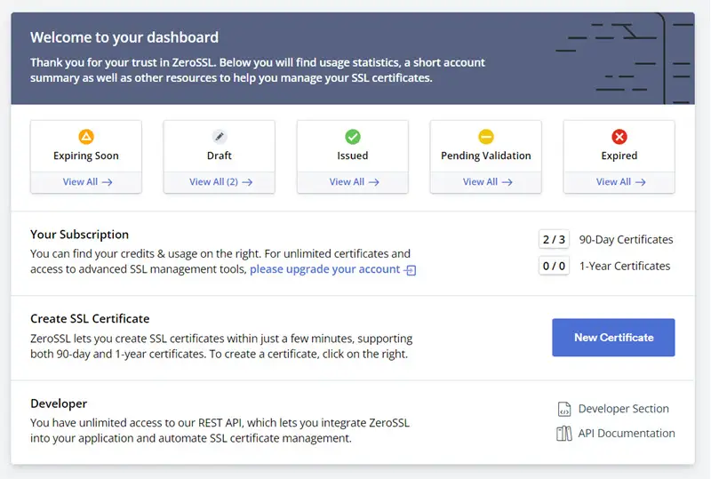 ZeroSSL Dashboard